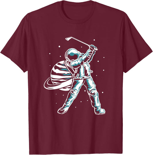Astronaut In Space with Golf Club Funny Golf Player T-Shirt - T-Shirt | Maroon