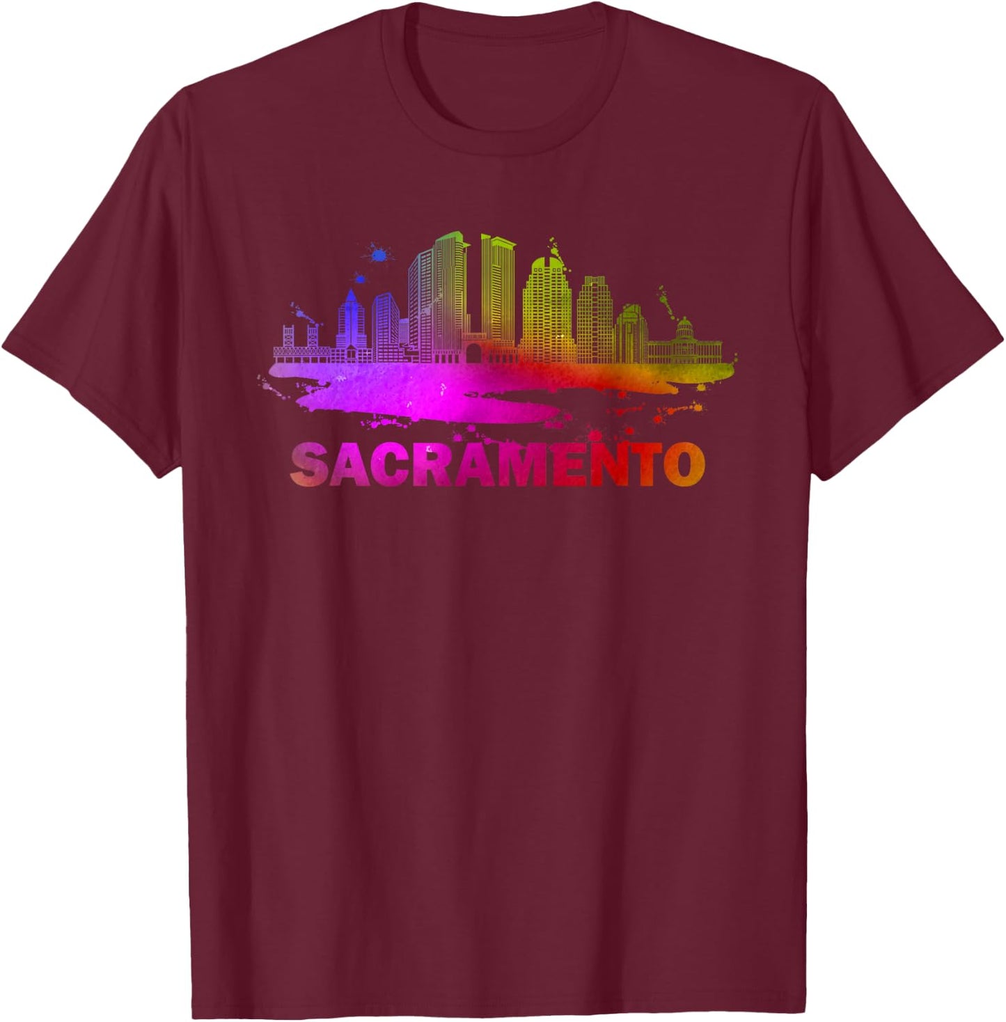 Colorful Sacramento Cityscape Souvenir - Sacramento Skyline T-Shirt - T-Shirt | Maroon