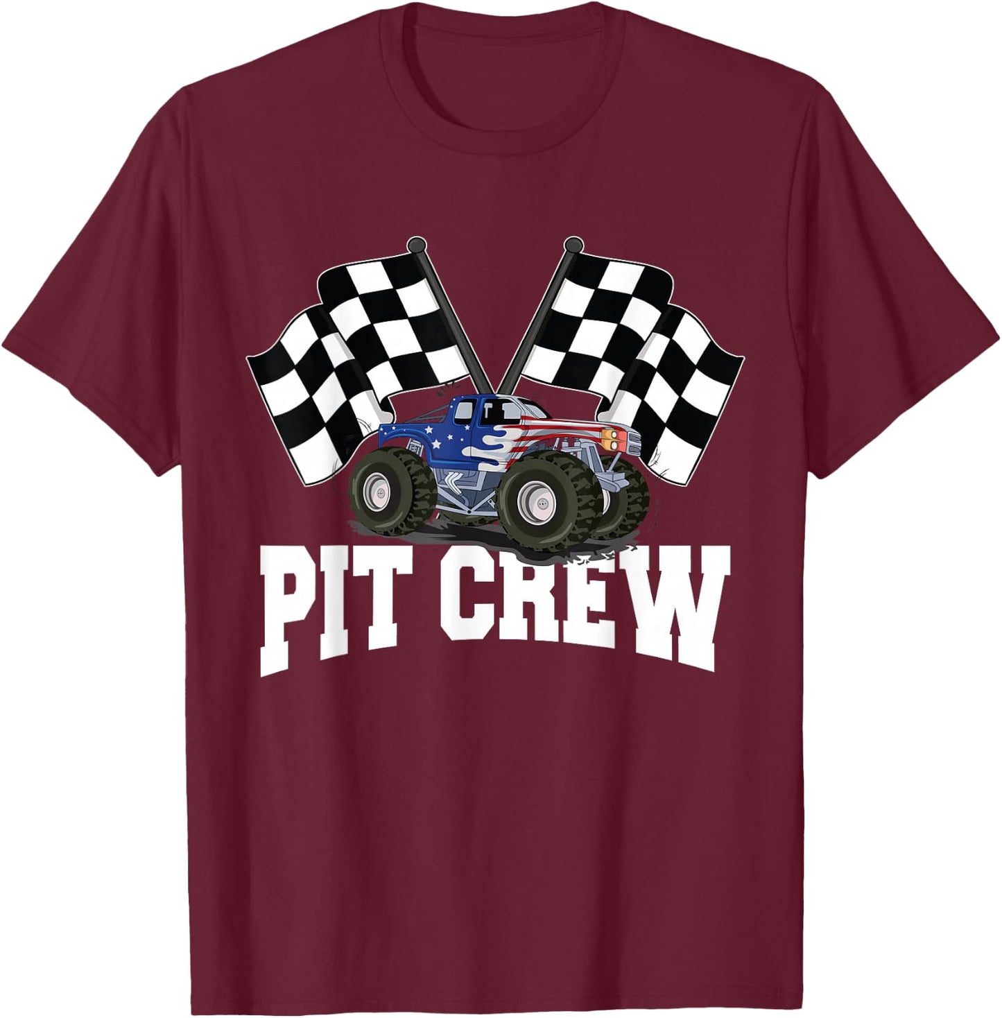 Pit Crew USA Monster Truck Racing Party And Checked Flag T-Shirt - T-Shirt | Maroon