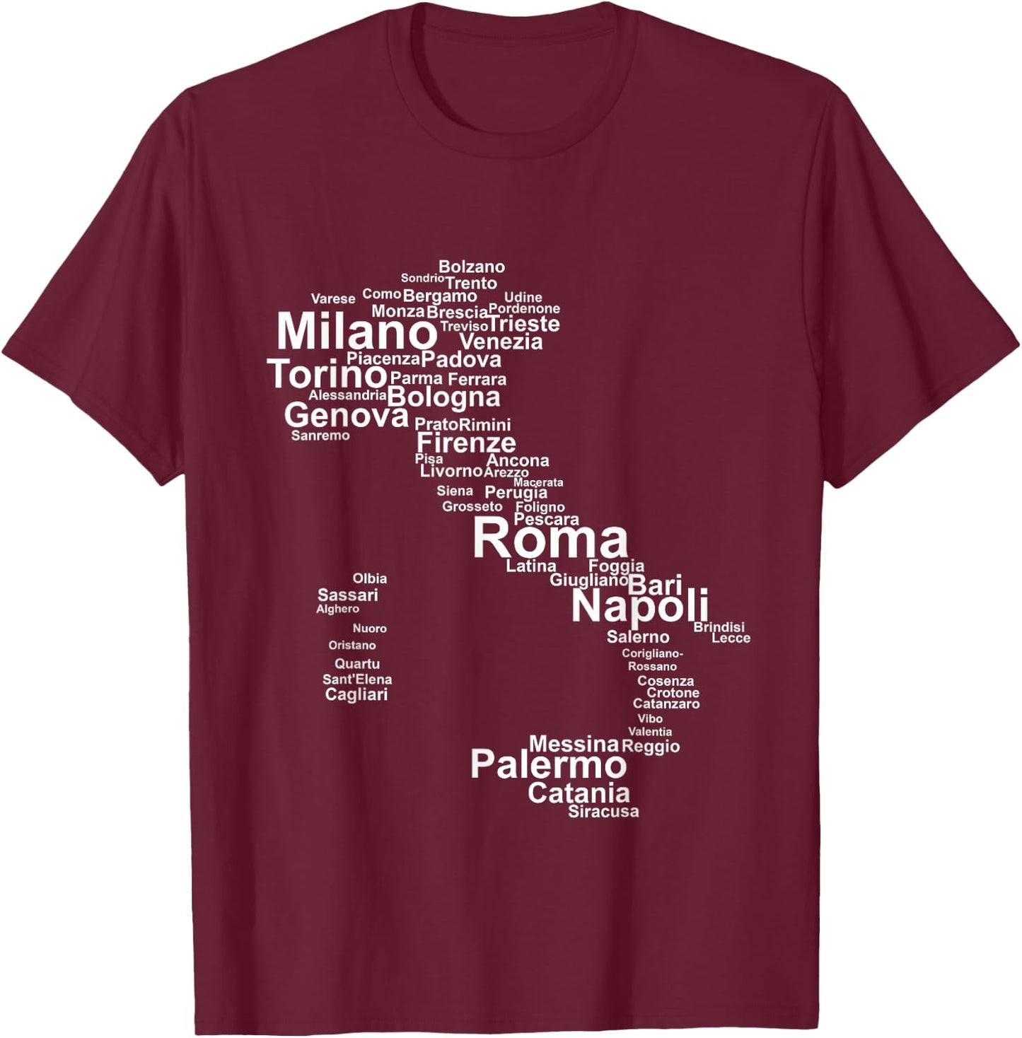 Italy Map Silhouette Towns Cities Rome Milan Travel Europe T-Shirt - T-Shirt | Maroon