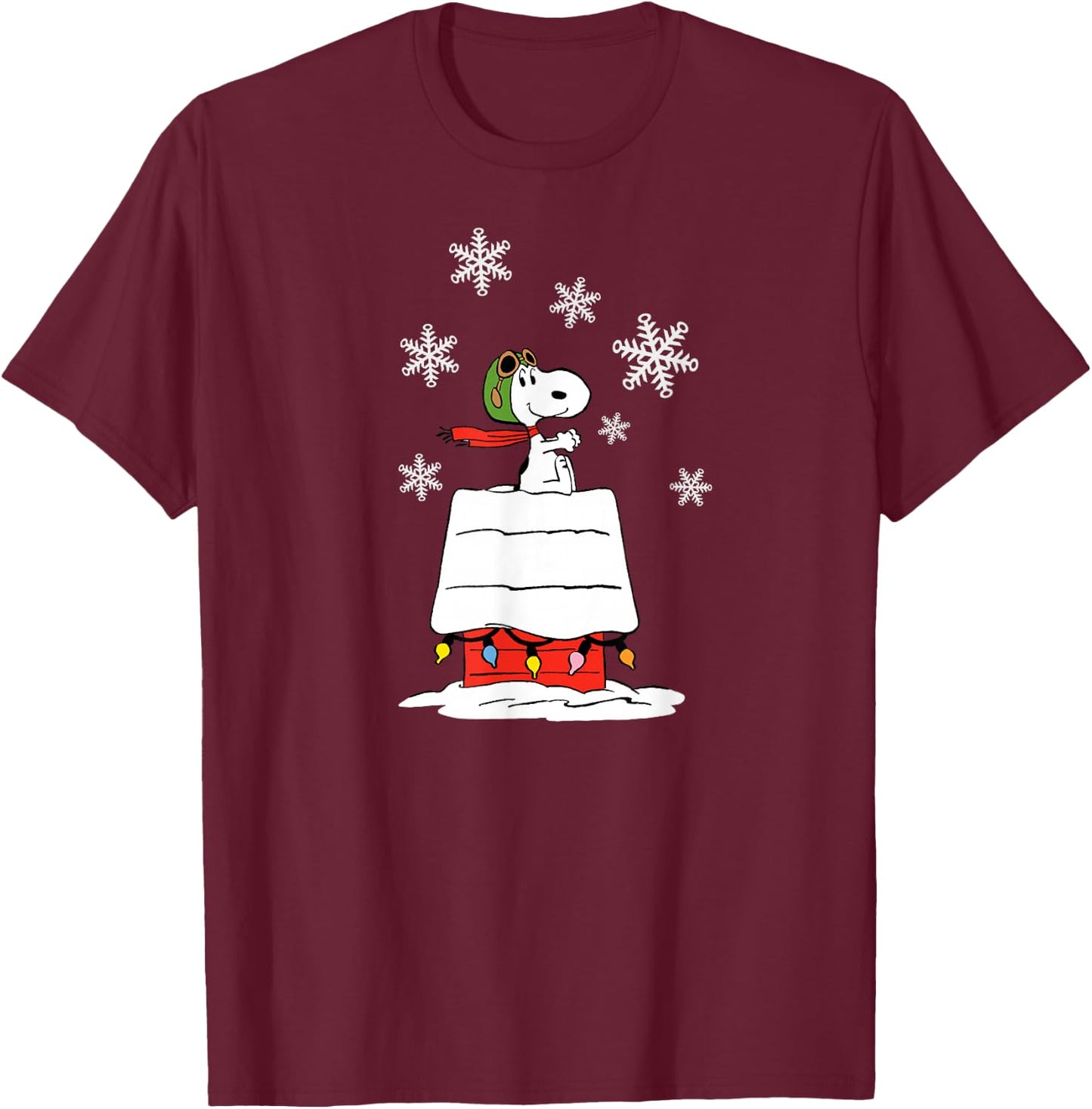 Peanuts Snoopy Flying Ace Holiday Dog House T-Shirt - T-Shirt | Maroon