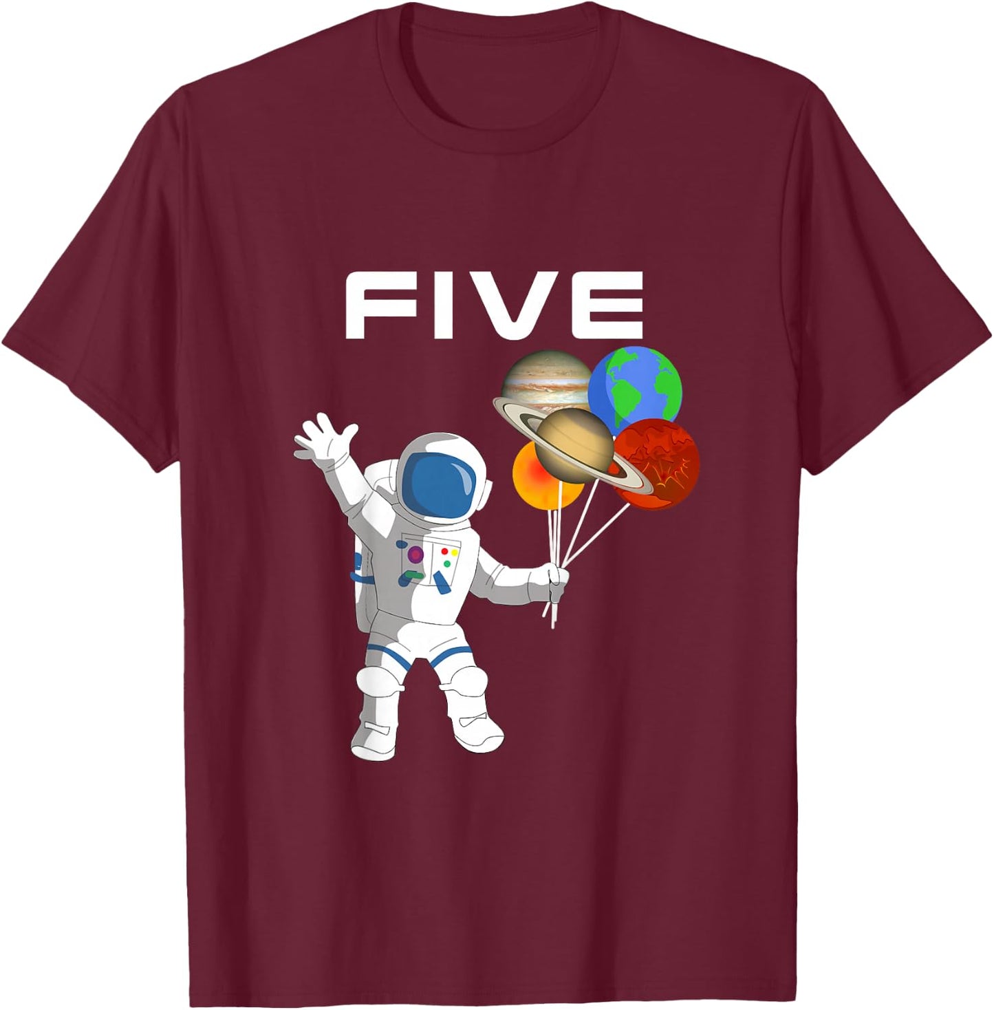 Kids 5 Year Old Outer Space Birthday Party 5th Birthday Shirt B T-Shirt - T-Shirt | Maroon