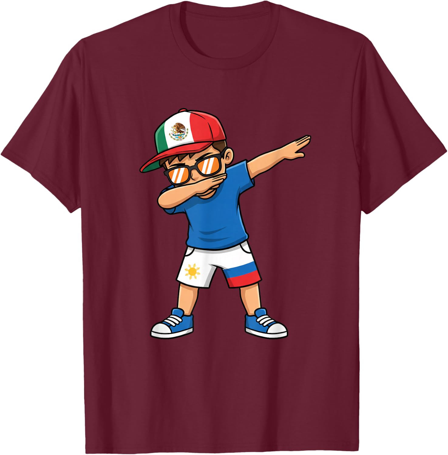 Mexican Filipino Kid Dabbing Boy with Hat T-Shirt - T-Shirt | Maroon