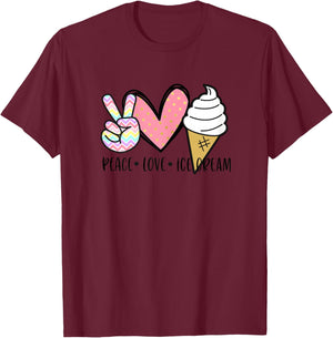 Peace Love Ice Cream Cute for Girls Teens Women Summer T-Shirt - T-Shirt | Maroon
