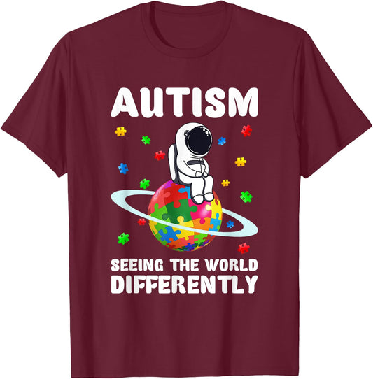 Autism Seeing The World Differently Shirt Astronaut Autism T-Shirt - T-Shirt | Maroon