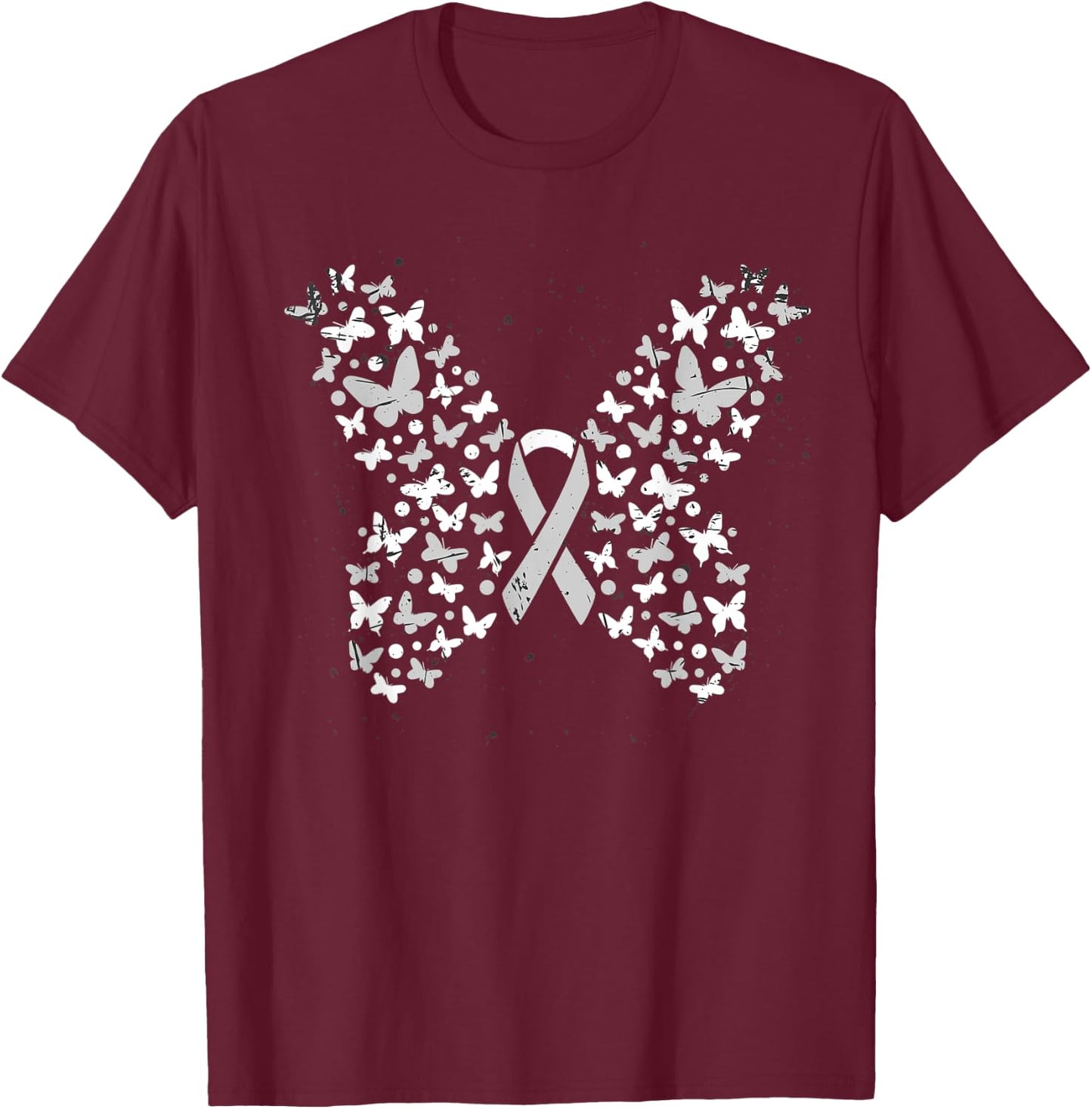 White Ribbon Cancer Warrior Butterfly Lung Cancer Awareness T-Shirt - T-Shirt | Maroon