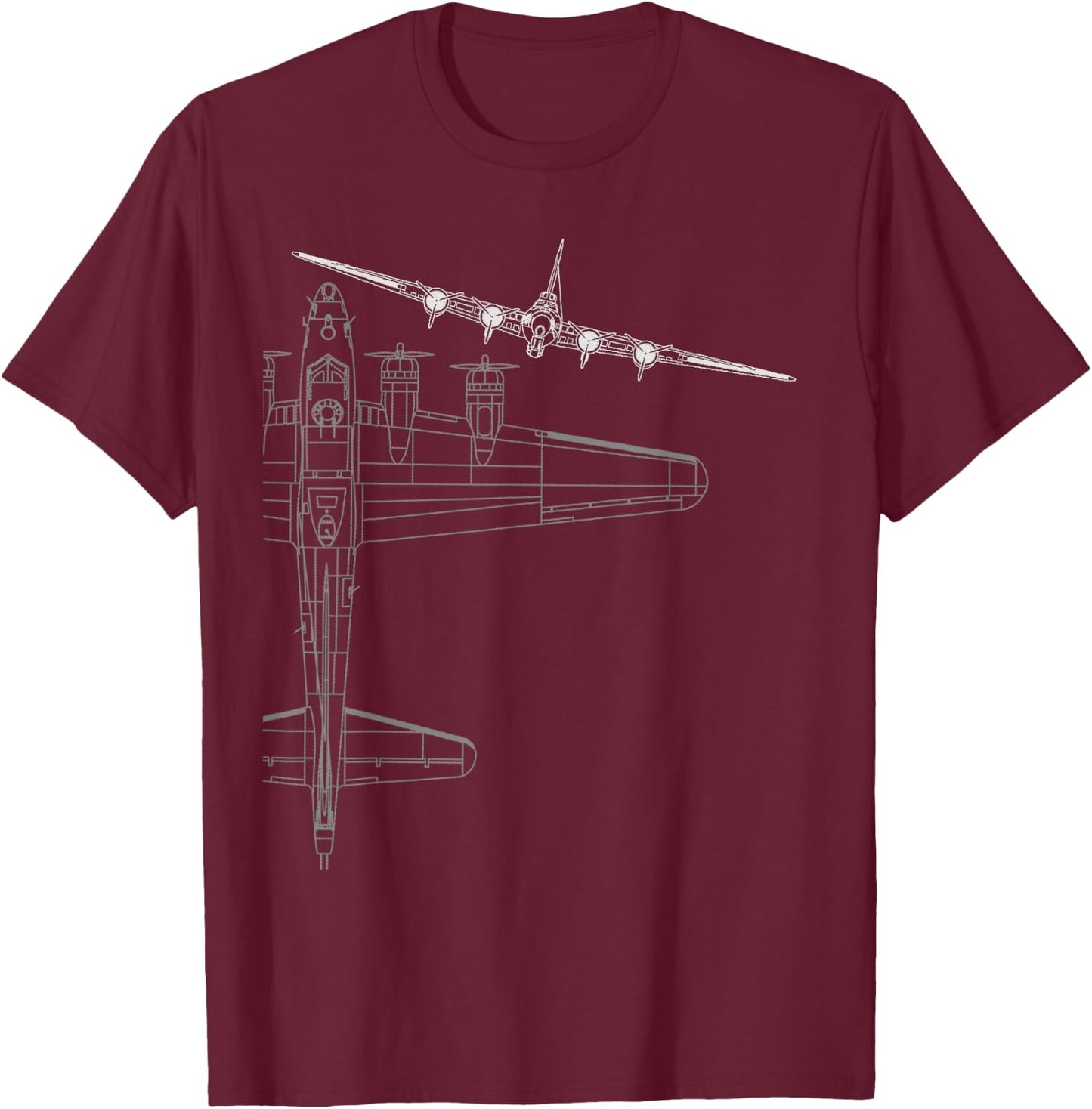B-17 Flying Fortress WWII Bomber Line Art T-Shirt - T-Shirt | Maroon