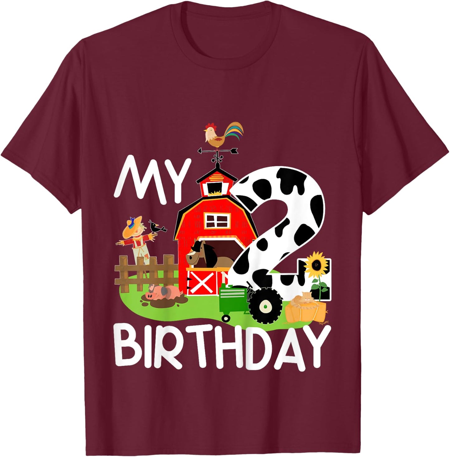 2nd Birthday Shirt Farm Tractor Pig Horse Cow Chicken Cat Girls Kids T-Shirt - T-Shirt | Maroon