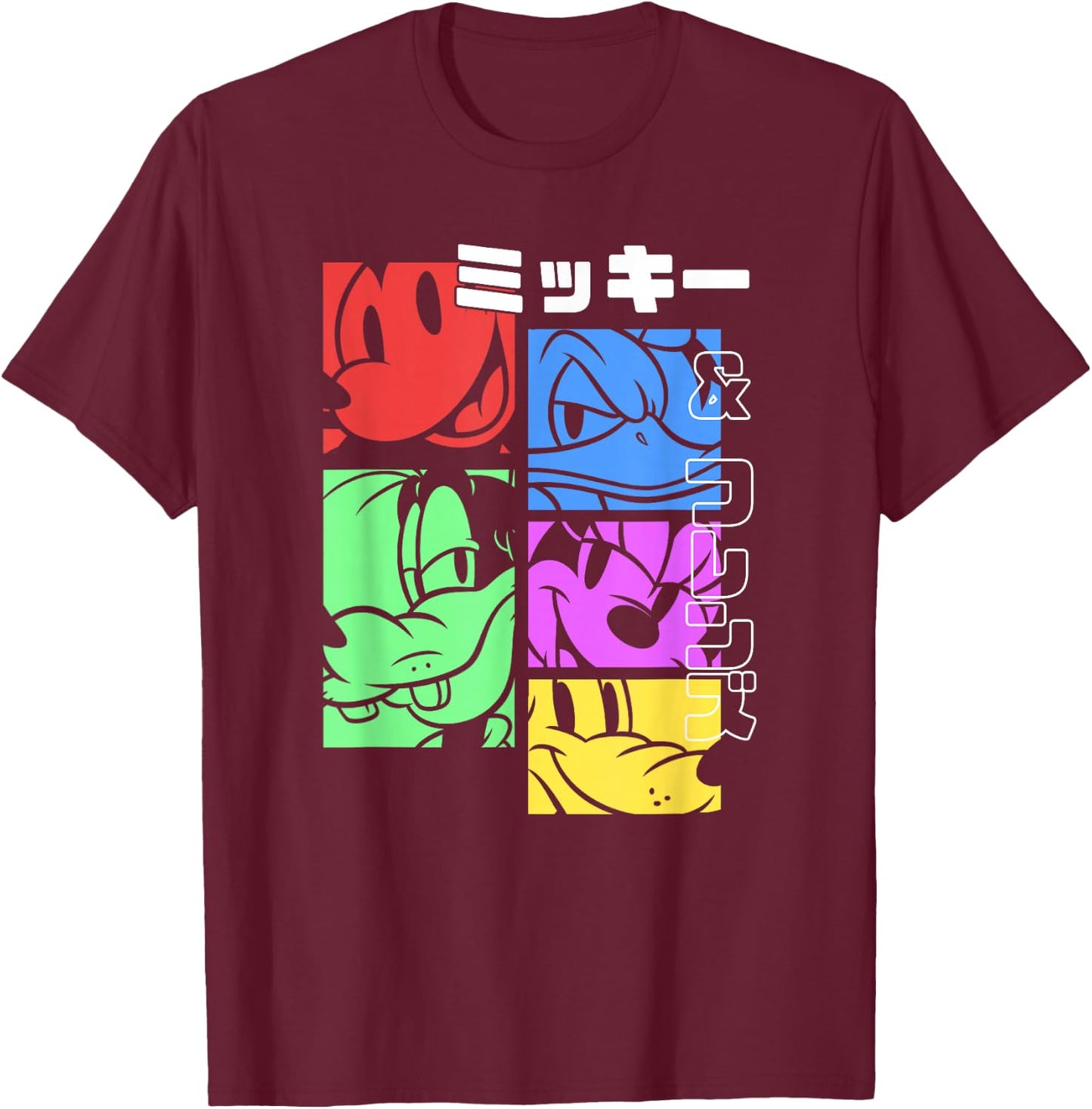 Disney Mickey and Friends Pop Character Panels Katakana T-Shirt - T-Shirt | Maroon