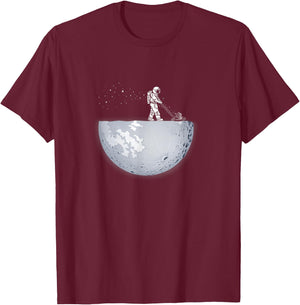 Spaceman mowing the moon with stars gardener, cool space T-Shirt - T-Shirt | Maroon