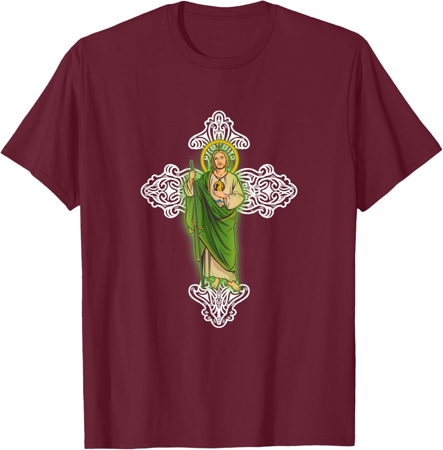 Judas Tadeo con Cruz Santa. T-Shirt - T-Shirt | Maroon