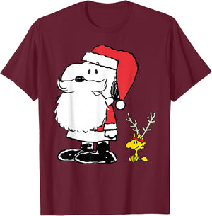 Peanuts Holiday Snoopy Woodstock Antlers Santa Short Sleeve T-Shirt - T-Shirt | Maroon