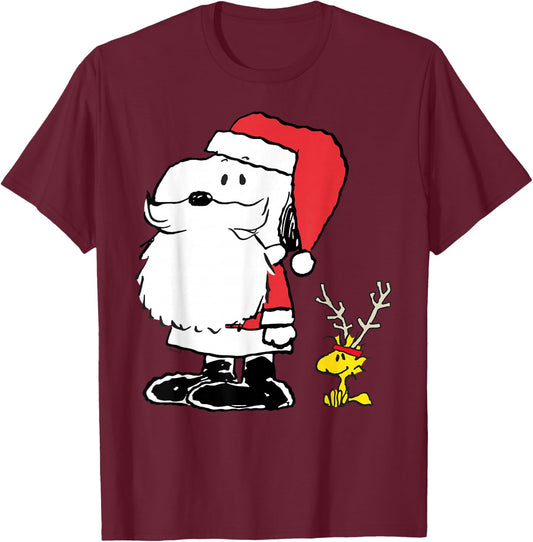 Peanuts Holiday Snoopy Woodstock Antlers Santa Short Sleeve T-Shirt - T-Shirt | Maroon