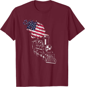 Locomotive US Flag Railroad Model Train Patriotic Train Women Girls Kids Men T-Shirt - T-Shirt | Maroon