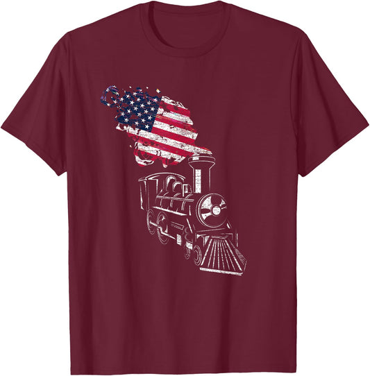 Locomotive US Flag Railroad Model Train Patriotic Train Women Girls Kids Men T-Shirt - T-Shirt | Maroon