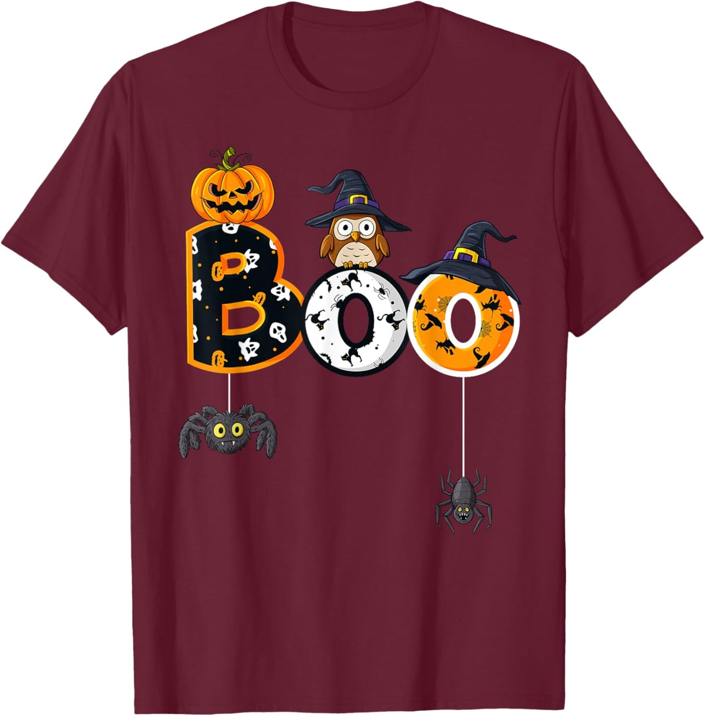 Halloween Boo Owl With Witch Hat Spiders Boys Girls Kids T-Shirt - T-Shirt | Maroon