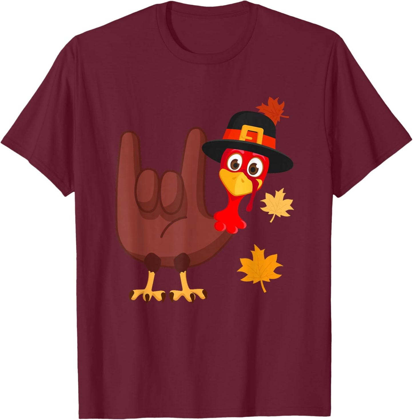 Zone - 365 Thanksgiving ASL Funny Turkey -Adults Black Modern Cartoon T-Shirt - T-Shirt | Maroon
