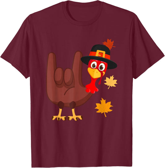 Zone - 365 Thanksgiving ASL Funny Turkey -Adults Black Modern Cartoon T-Shirt - T-Shirt | Maroon