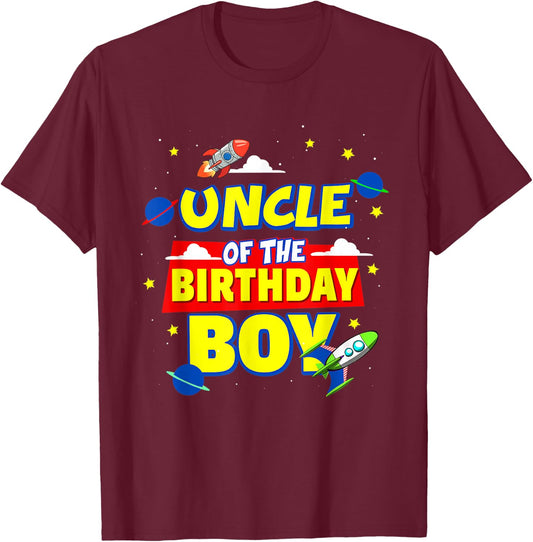 Uncle Of The Birthday Astronaut Boy Outer Space Theme Party T-Shirt - T-Shirt | Maroon