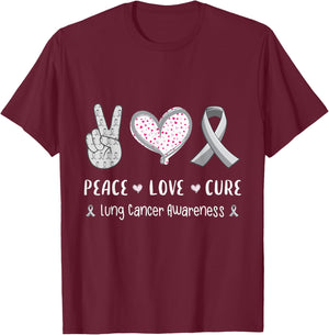 Peace Love cure Lung cancer awareness men women kids T-Shirt - T-Shirt | Maroon