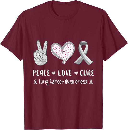 Peace Love cure Lung cancer awareness men women kids T-Shirt - T-Shirt | Maroon