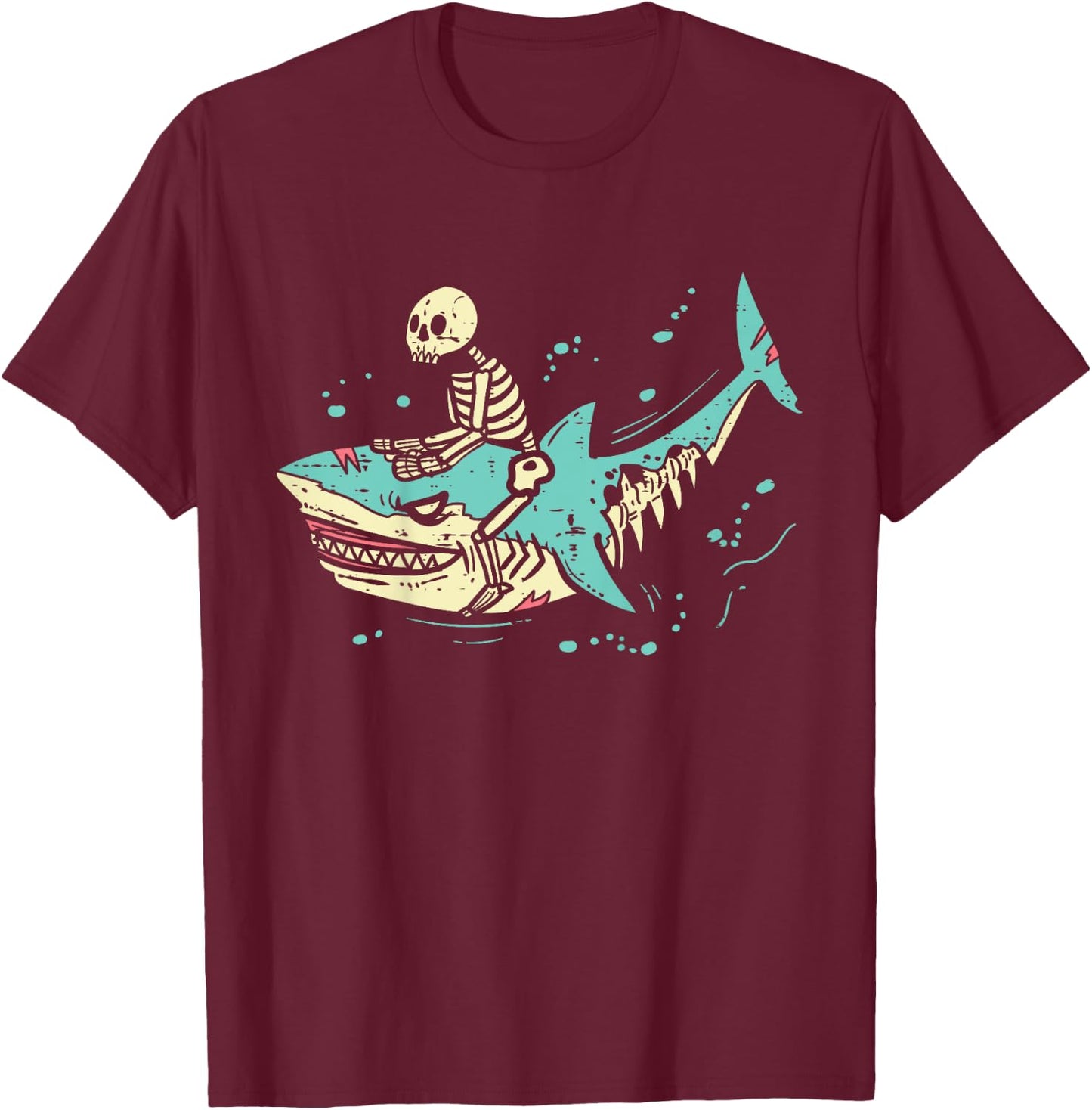 Kids Skeleton Riding Shark Spooky Halloween Toddler Boys Kids T-Shirt - T-Shirt | Maroon