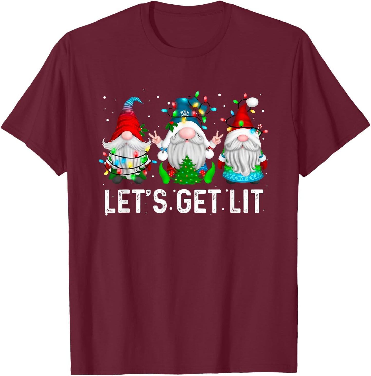 Let's Get Lit Funny Gnome Christmas Drinking Xmas Lights T-Shirt - T-Shirt | Maroon