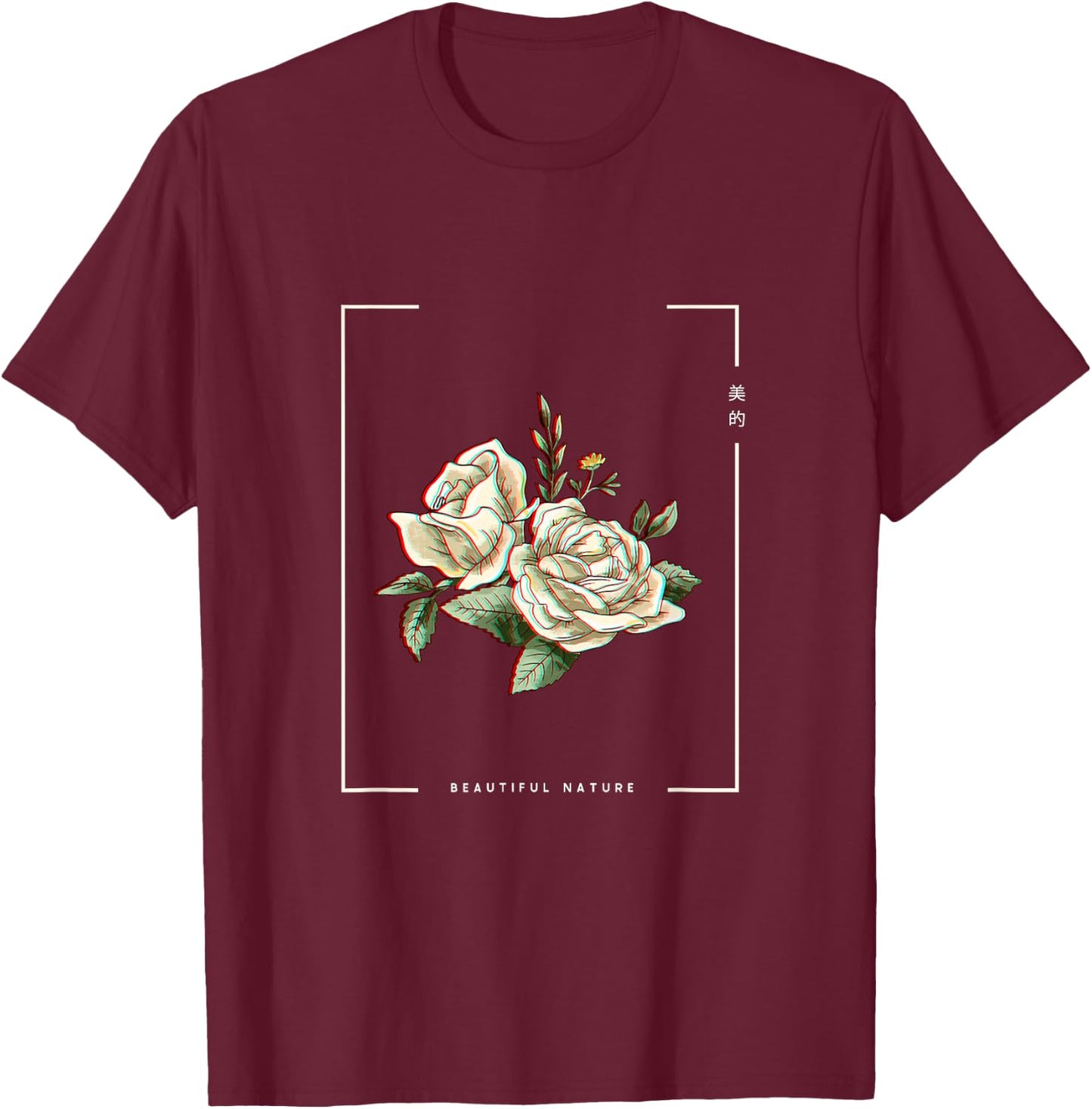 Japanese Aesthetic Vaporwave Nature Flower Glitch Anime T-Shirt - T-Shirt | Maroon