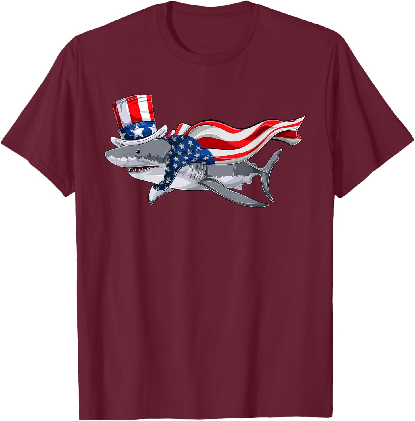 Shark For Boys, Kids American Flag Fourth Of July T-Shirt - T-Shirt | Maroon