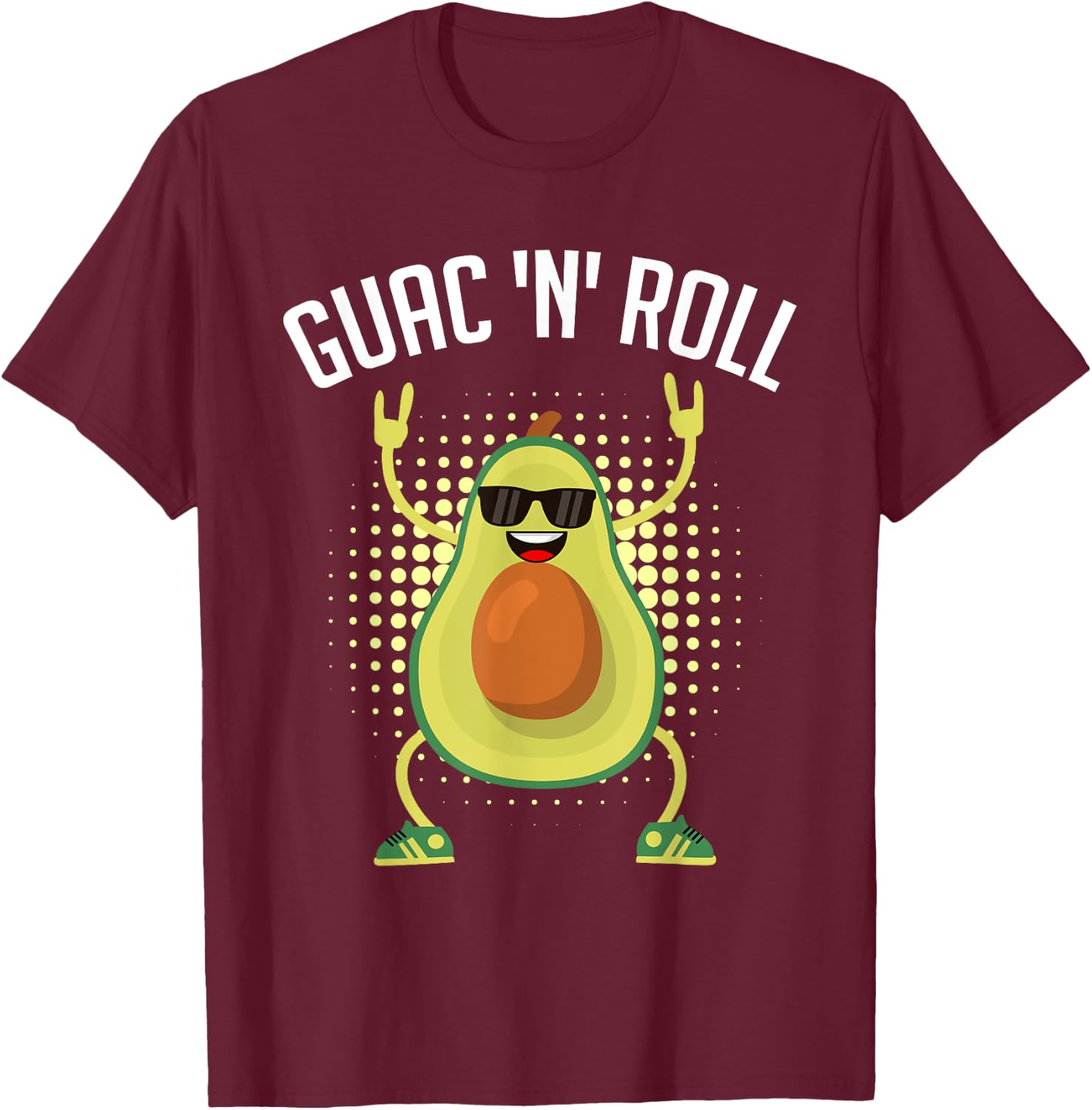 Funny Vegan Design Guac n Roll Rocker Guacamole T-Shirt - T-Shirt | Maroon