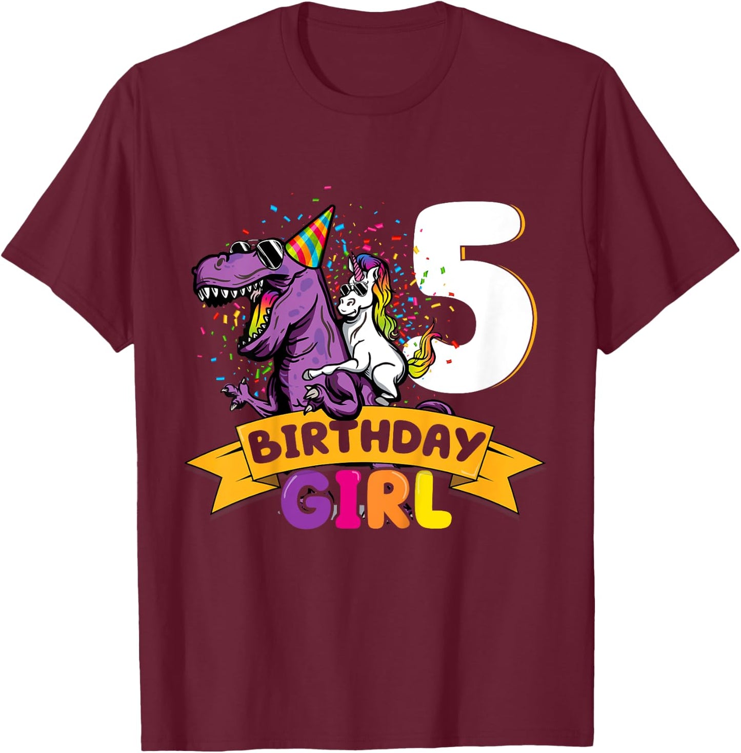 Dinosaur Unicorn 5 Birthday Decoration 5 Dino Girl 5 Years T-Shirt - T-Shirt | Maroon