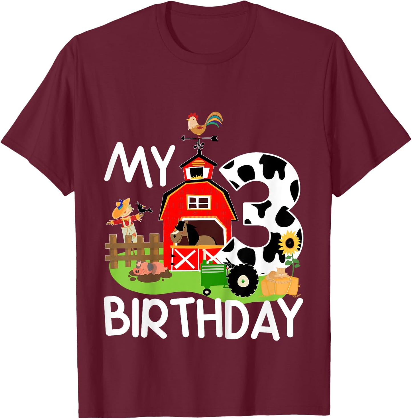 3rd Birthday Shirt Farm Tractor Pig Horse Cow Chicken Cat for Girls Kids T-Shirt - T-Shirt | Maroon