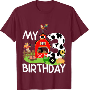 3rd Birthday Shirt Farm Tractor Pig Horse Cow Chicken Cat for Girls Kids T-Shirt - T-Shirt | Maroon