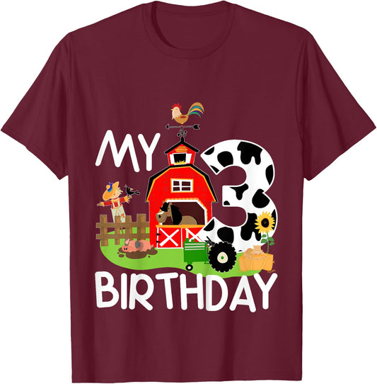 3rd Birthday Shirt Farm Tractor Pig Horse Cow Chicken Cat for Girls Kids T-Shirt - T-Shirt | Maroon