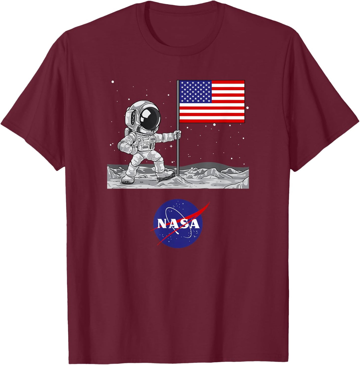 NASA Space - Astronaut and US Flag on Moon T-Shirt - T-Shirt | Maroon