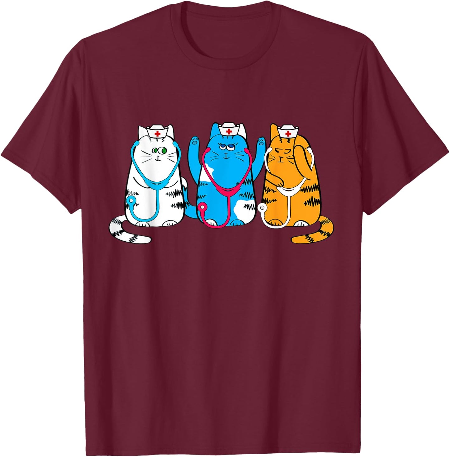 Nurse Cats Cute Nurse Practitioners with Stethoscope Art T-Shirt - T-Shirt | Maroon