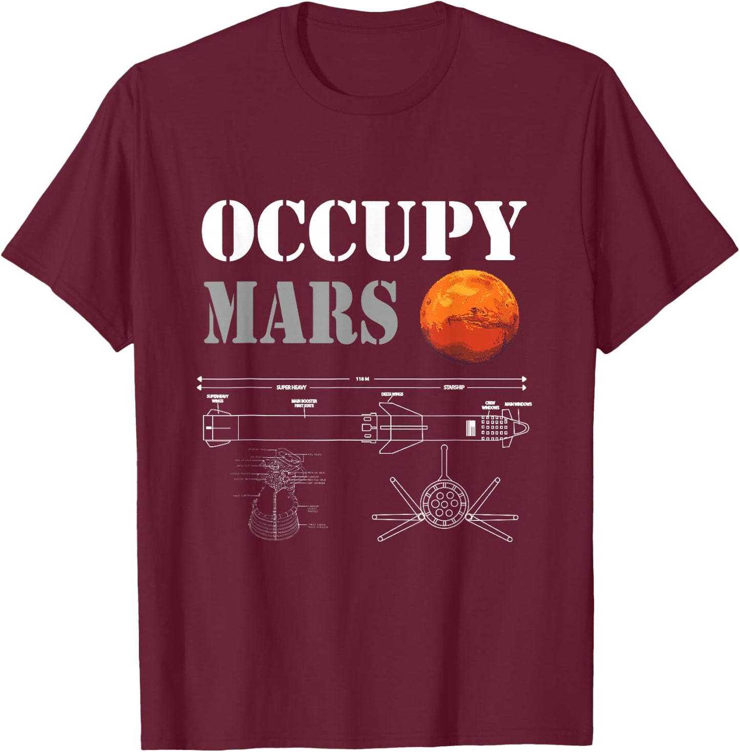 Occupy Mars Space Rocket Blueprint T-Shirt - T-Shirt | Maroon