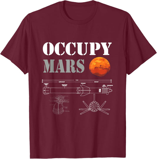 Occupy Mars Space Rocket Blueprint T-Shirt - T-Shirt | Maroon