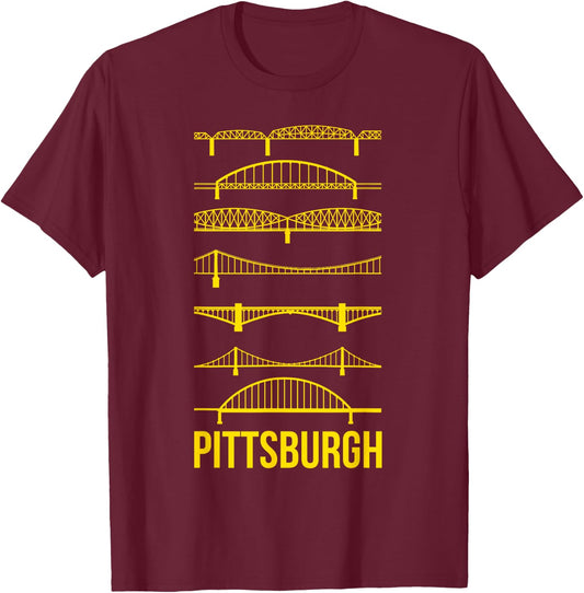 Pittsburgh Bridges Black and Yellow Silhouettes T-Shirt - T-Shirt | Maroon