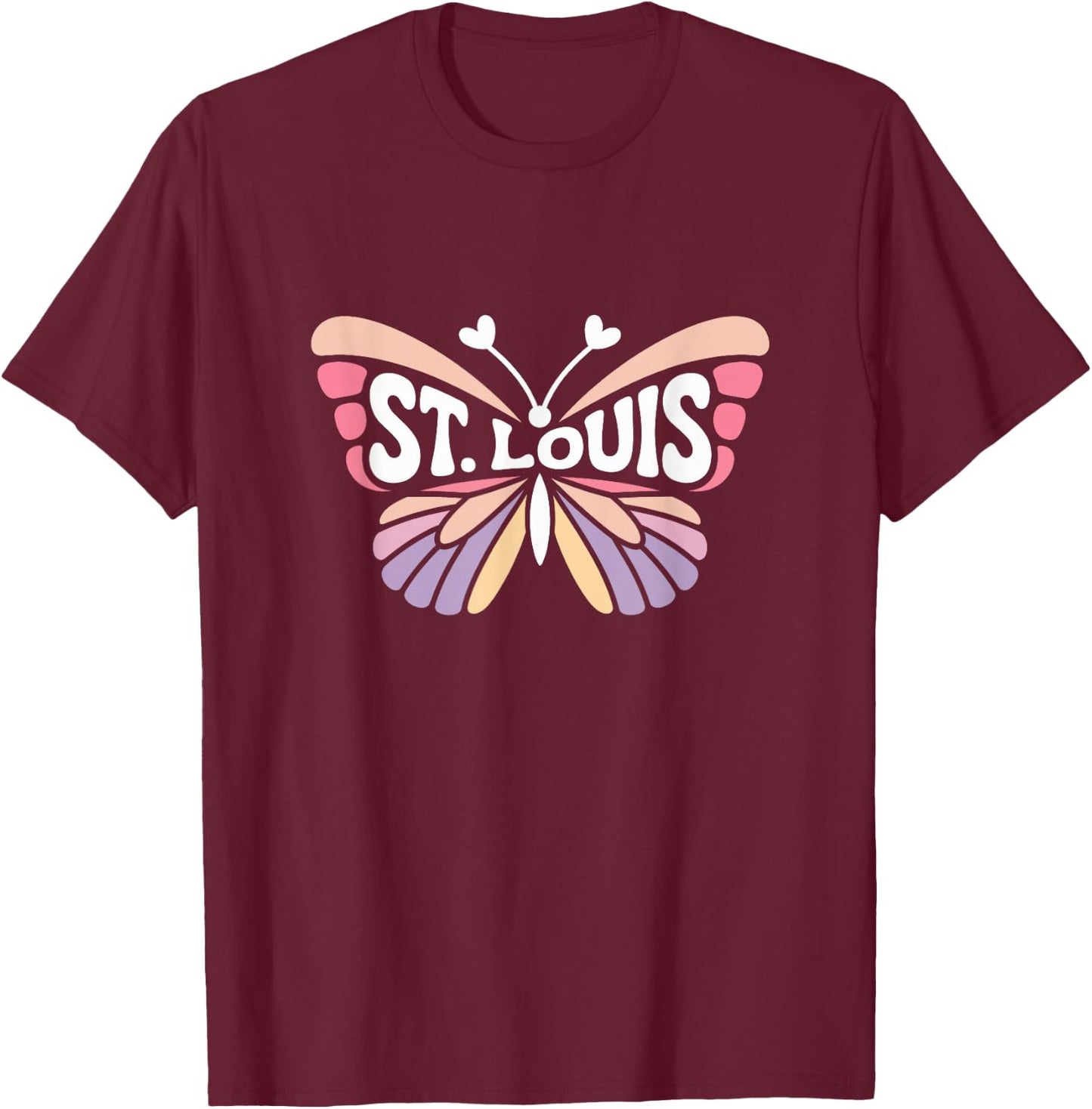 St. Louis Butterfly - Missouri Pastel City Name Word Art T-Shirt - T-Shirt | Maroon
