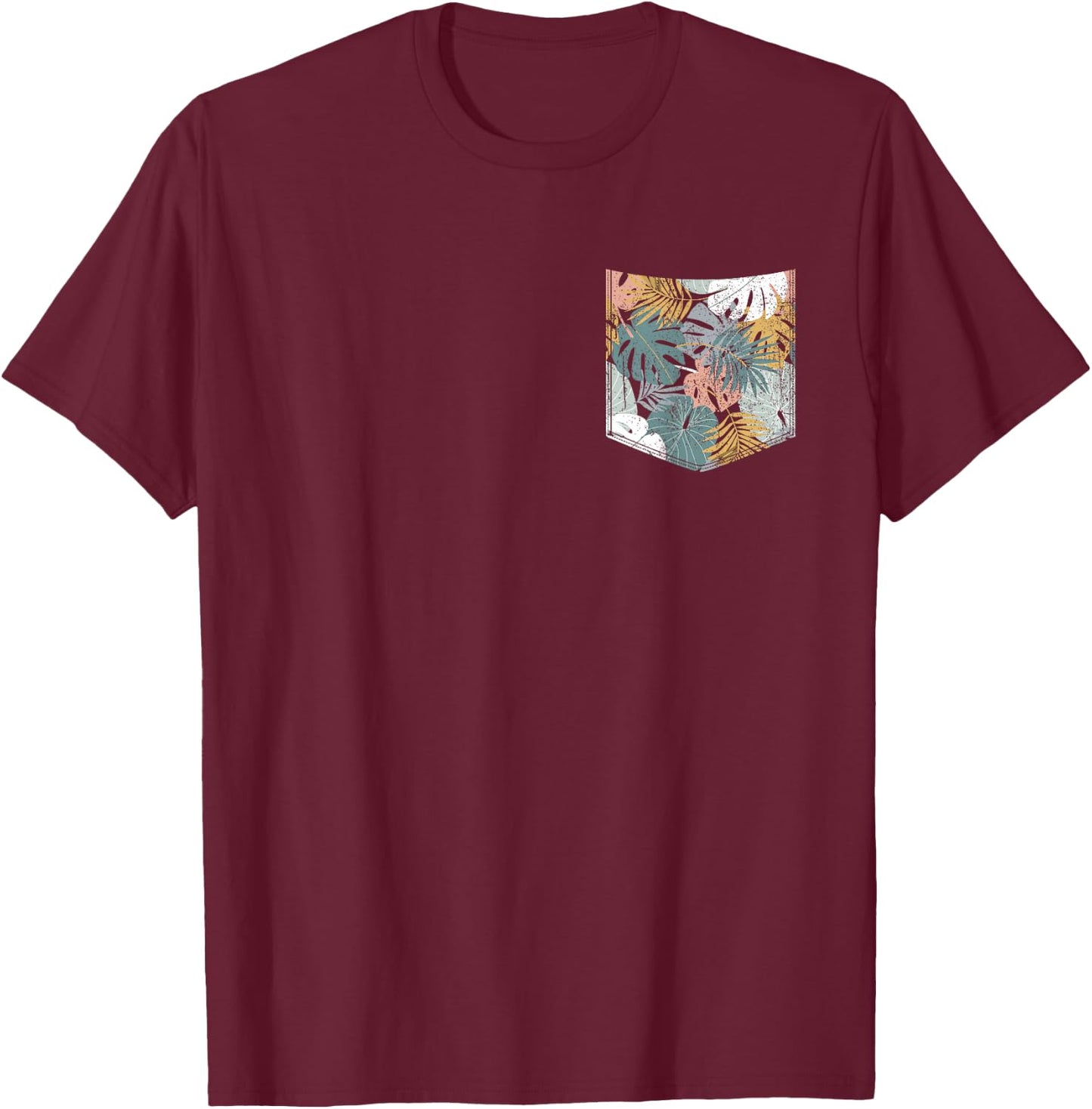 Tropical Monstera Leaves Pattern Pocket Tropical Flower T-Shirt - T-Shirt | Maroon