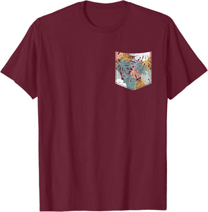 Tropical Monstera Leaves Pattern Pocket Tropical Flower T-Shirt - T-Shirt | Maroon