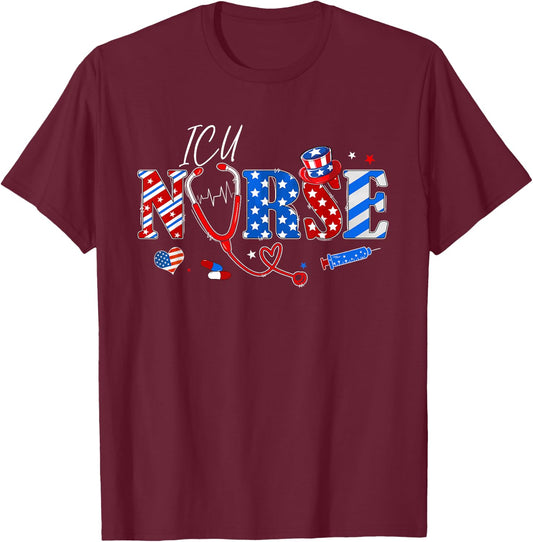 Stethoscope ICU Nurse American Flag Funny 4th Of July Men T-Shirt - T-Shirt | Maroon