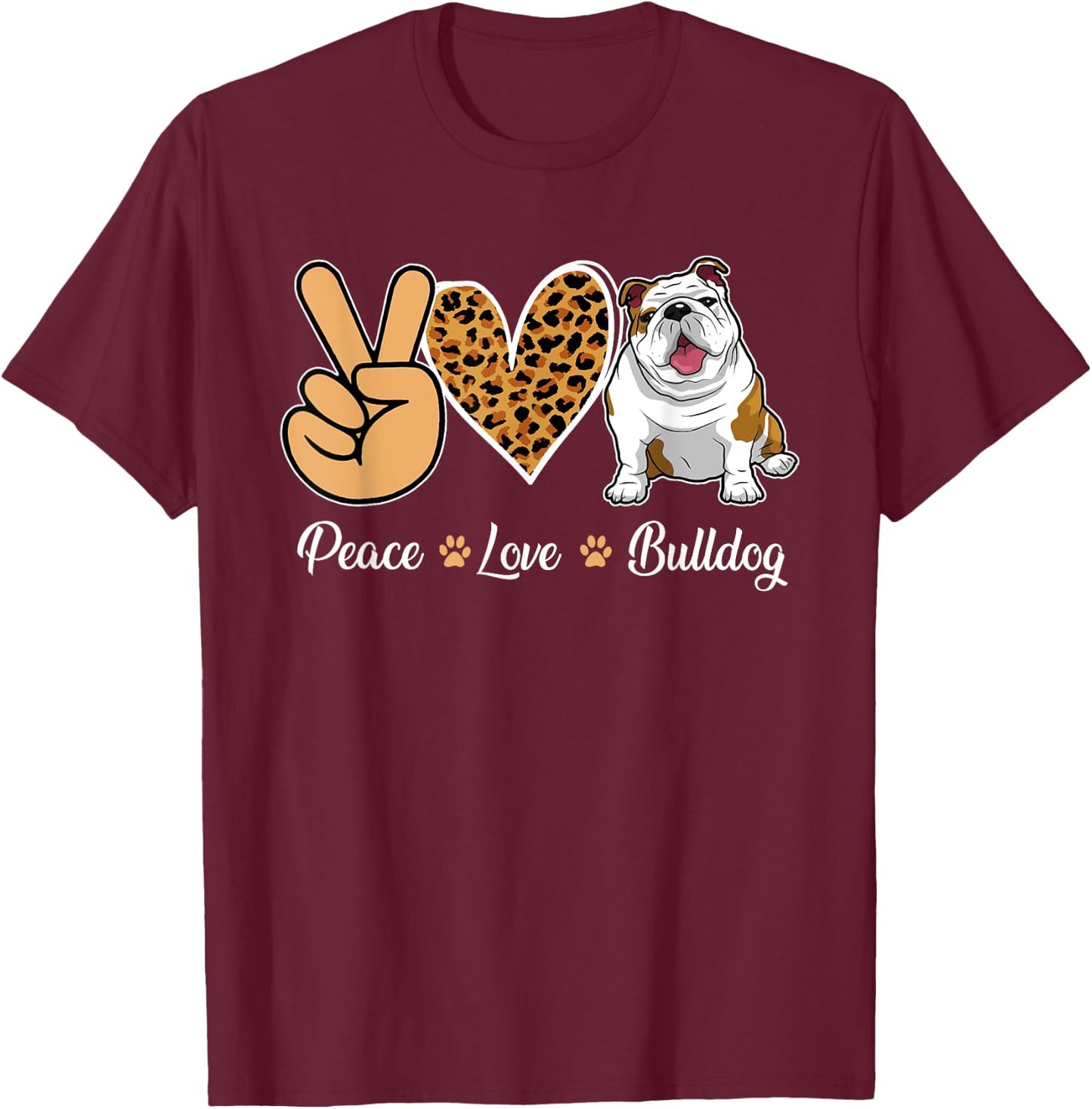Peace Love Bulldog Leopard Heart Men Women Kids T-Shirt - T-Shirt | Maroon