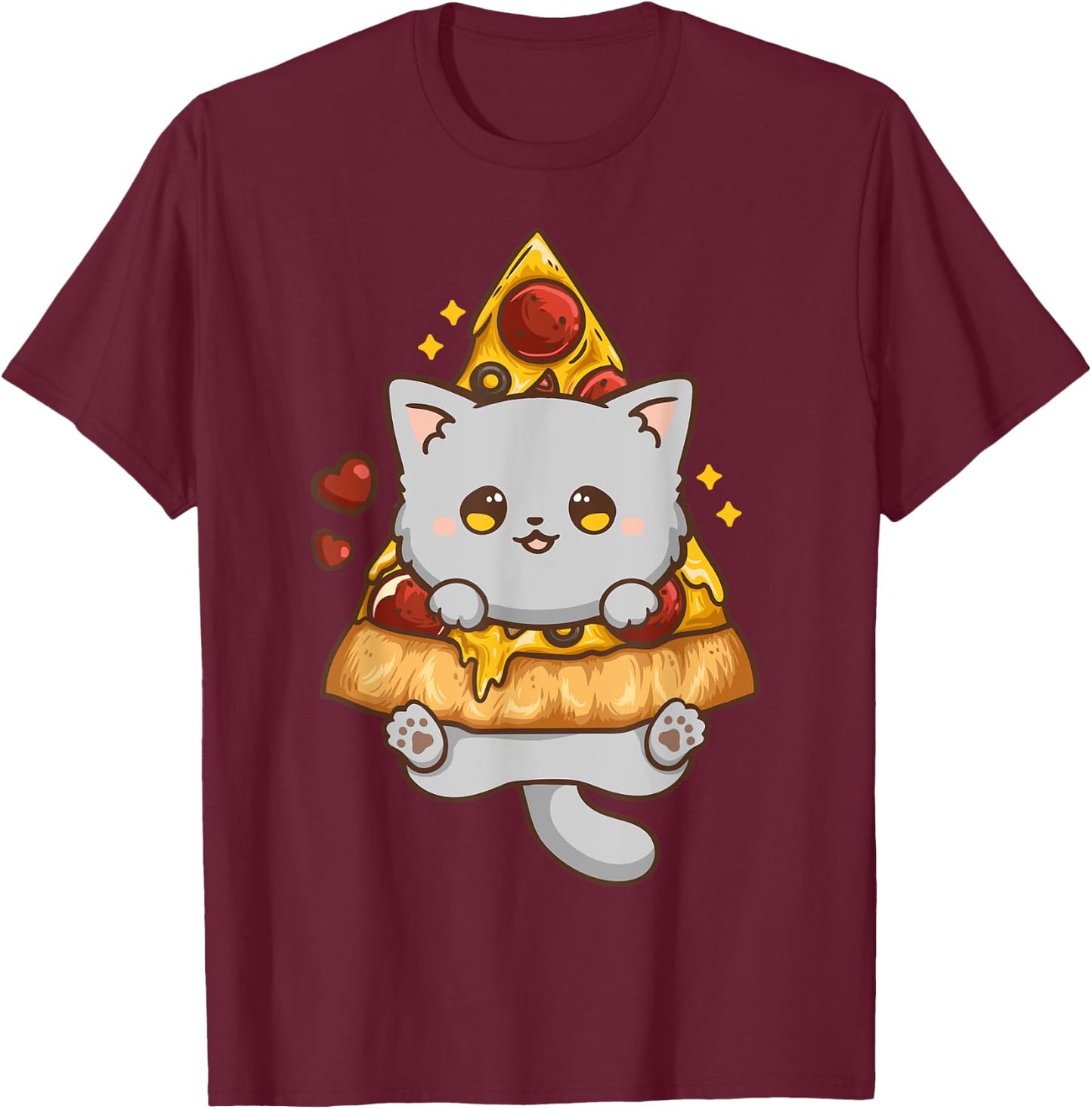 Cute Kawaii Cat Pizza Anime Men Women Girls Kids T-Shirt - T-Shirt | Maroon