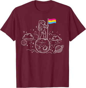 Astronaut On Moon Pansexual Flag Pan Pride Space Men Women T-Shirt - T-Shirt | Maroon