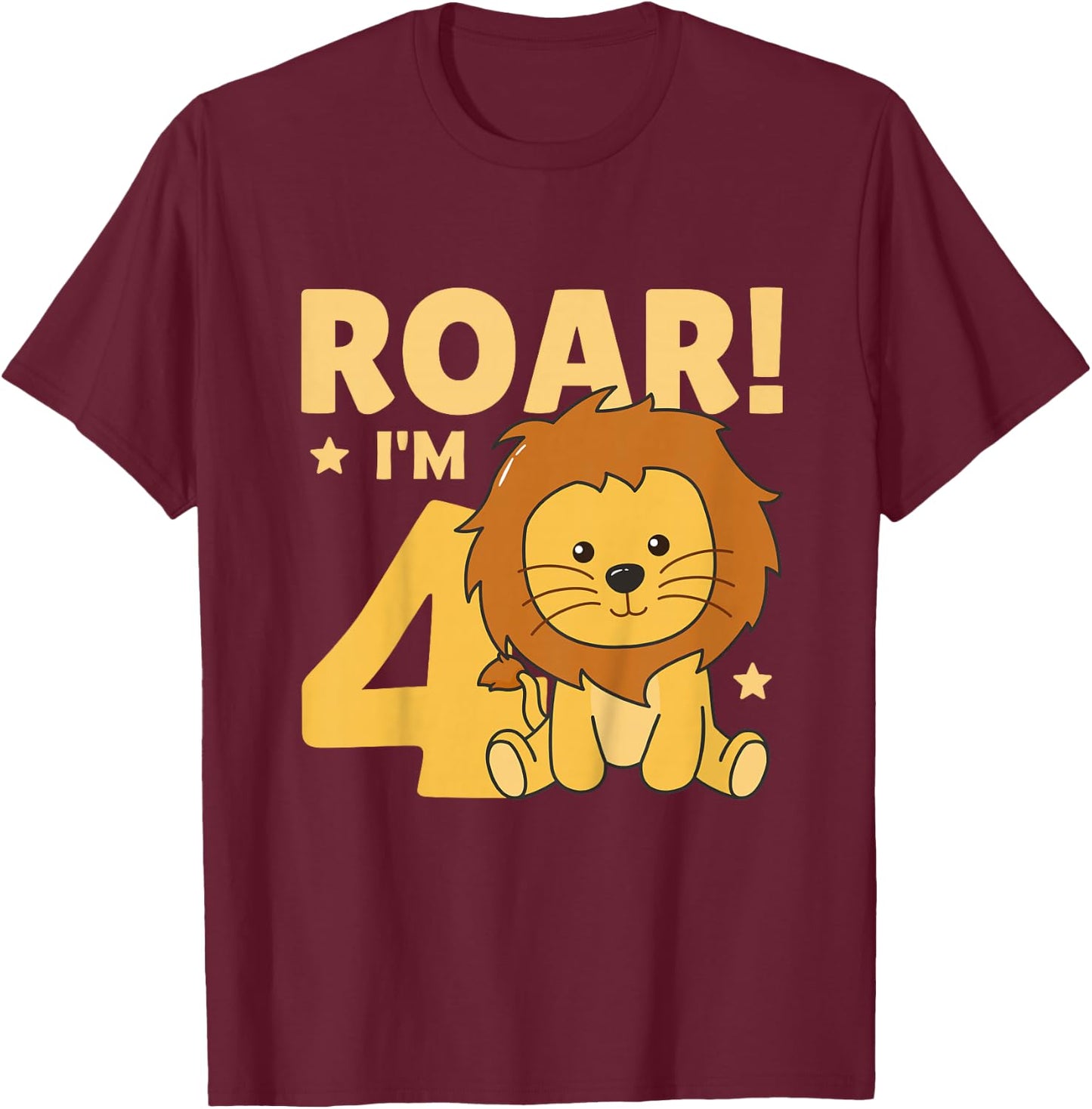 Kids Children 4th Birthday Lion 4 Years Old Young Boy Lion T-Shirt - T-Shirt | Maroon