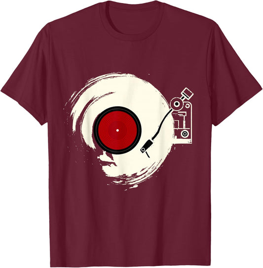 Vintage Vinyl Record Player Funny Sketch Drawing T-Shirt - T-Shirt | Maroon