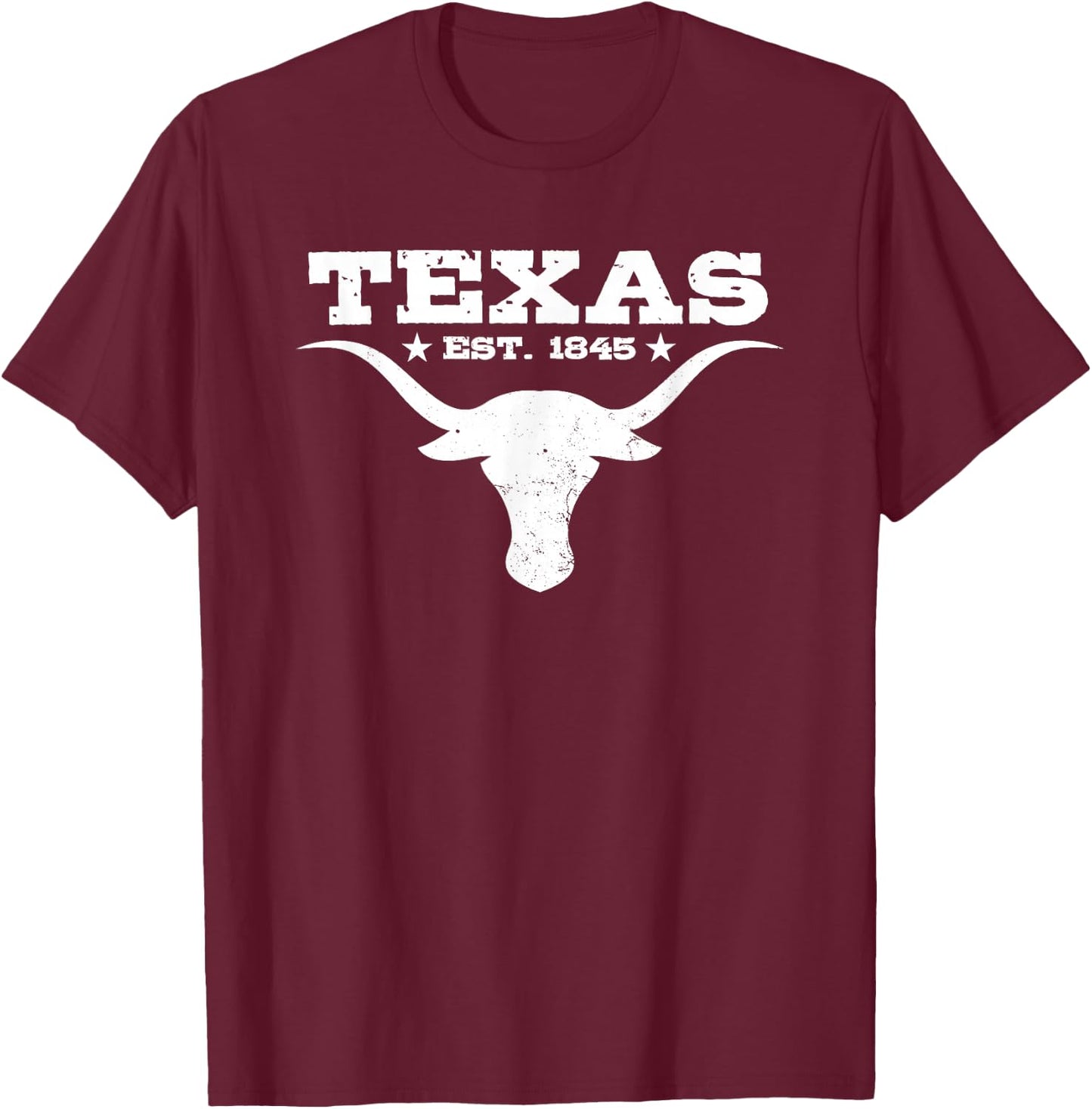 Vintage Texas Distressed Est. 1845 Longhorn Bull T-Shirt - T-Shirt | Maroon