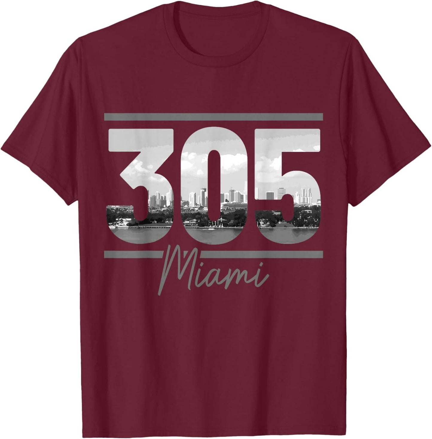 Miami 305 Area Code Skyline Florida Vintage T-Shirt - T-Shirt | Maroon